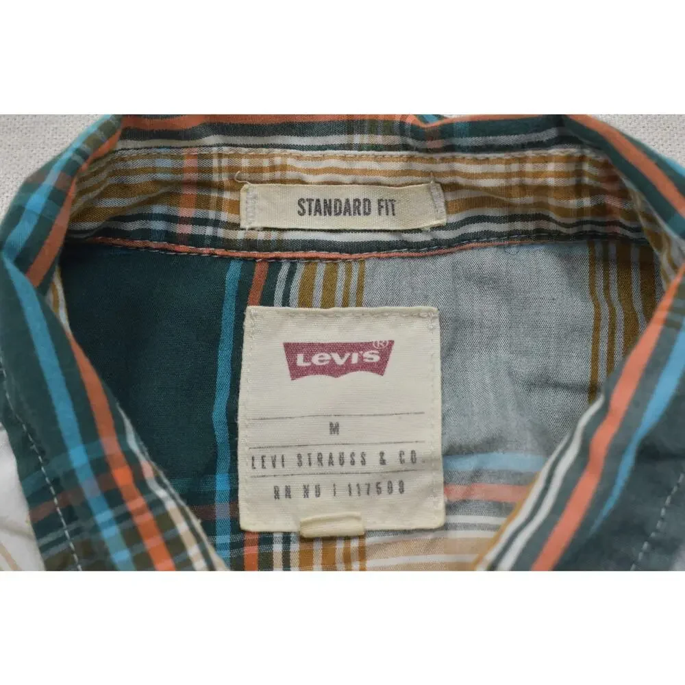 Levi's Western Pearl Snap Shirt Mens Medium Green Orange Plaid Long Sleeve Stand